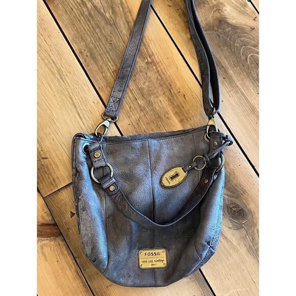 Fossil Long Live Vintage Grey Double Strap distressed crossbody bag.Soft Leather - Picture 1 of 9